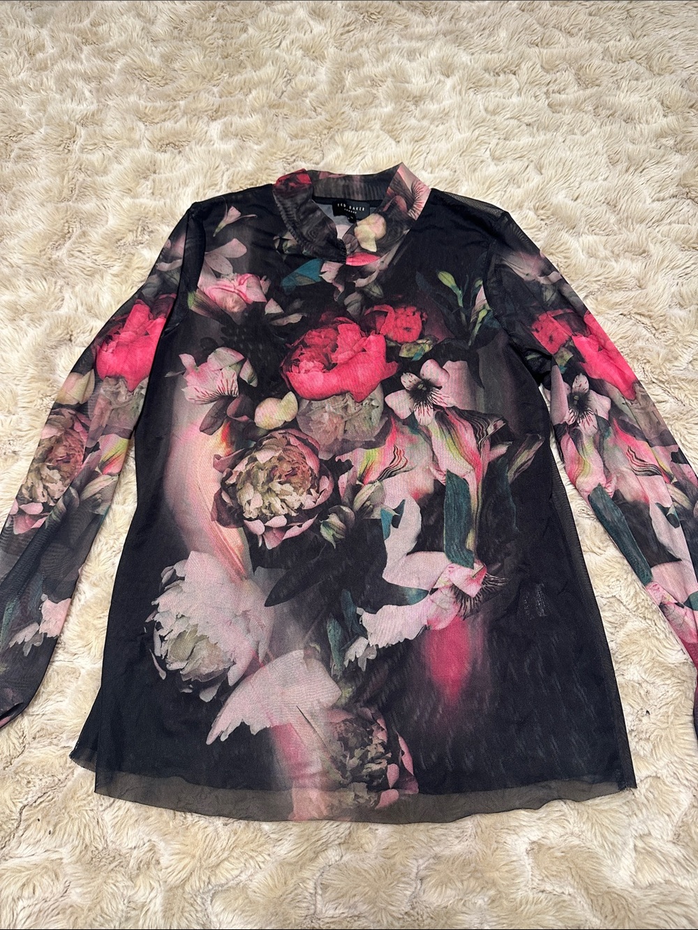 Ted Baker Floral Mesh Long-Sleeve Top - Black/Pink (5)